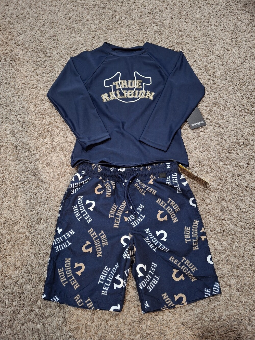 True Religion Navy and Gold Swim Rash Guard Set Size 5/6 Kids NWT